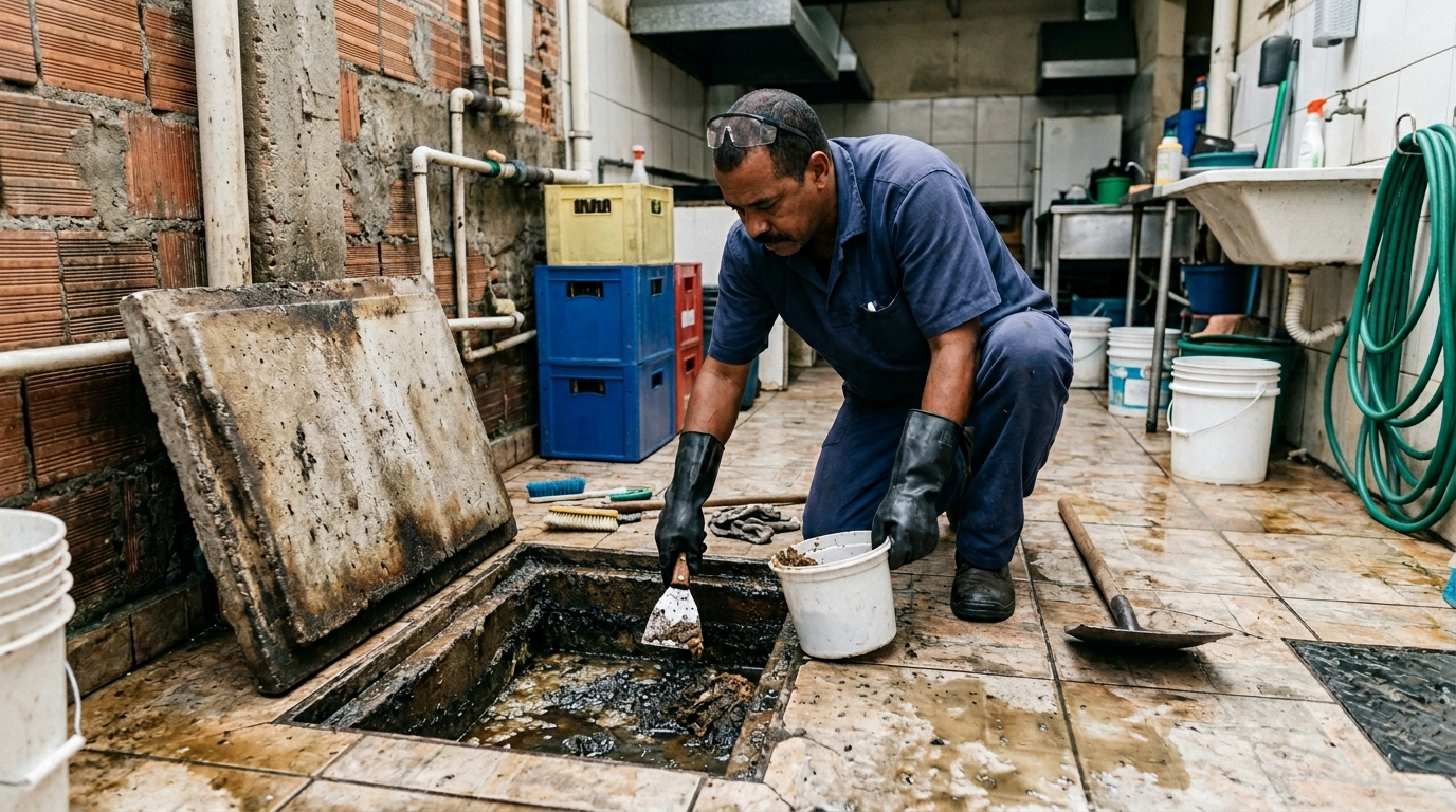 Limpeza de caixa de gordura residencial em Franca‑SP